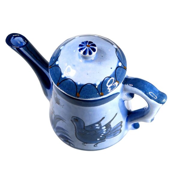 Tonala Blue Bird & Butterfly Teapot with Lid Vintage Signed Mexican Pottery - Picture 5 of 9